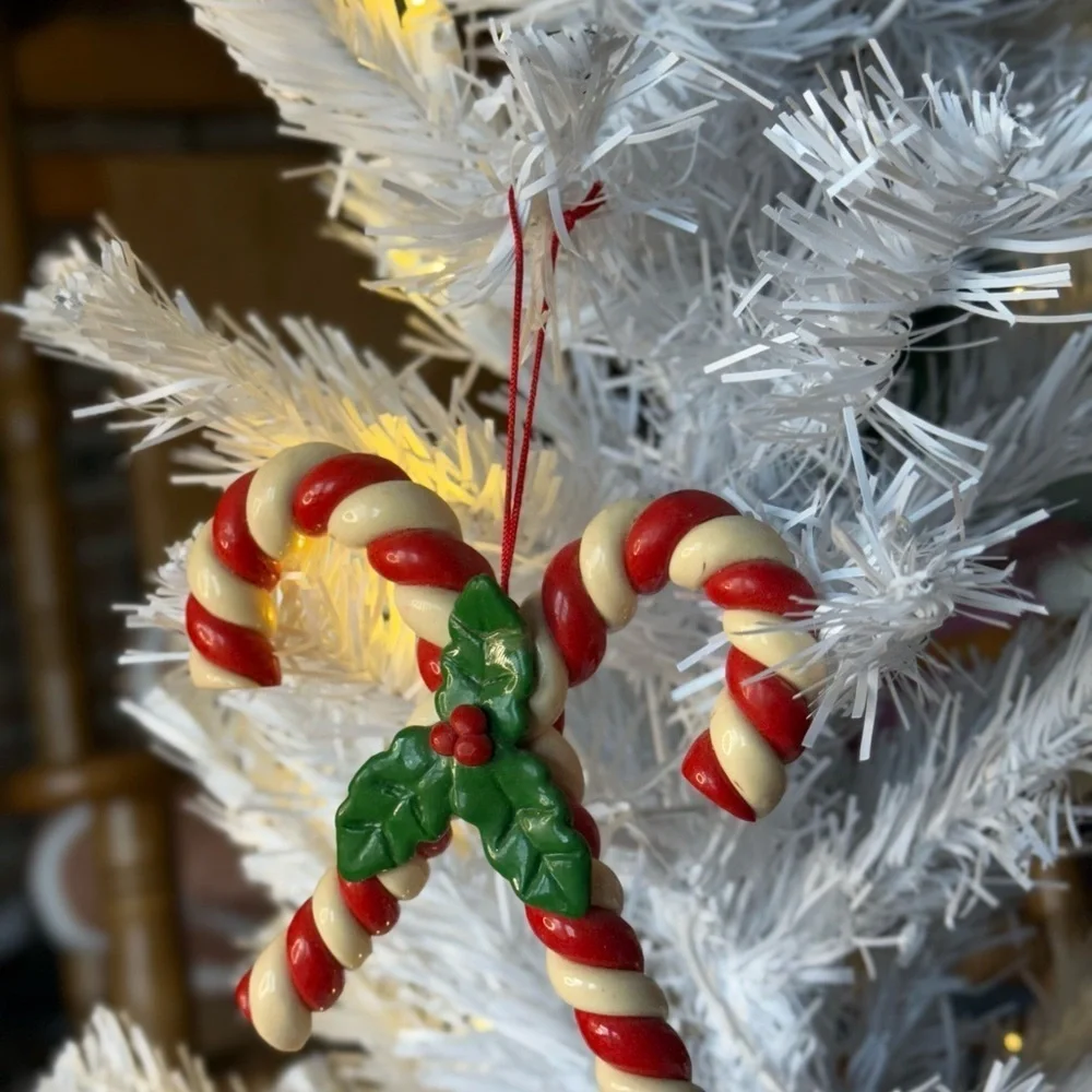 Vintage 1984 Festive Candy Cane Ornament with Holly Accents